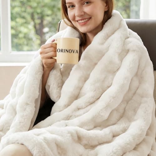 Image of ORINOVA Light Beige Cozy Faux Fur Throw Blanket for Living Room Bedroom 127x152cm Thick Ultra Soft Aesthetic Fuzzy Throw Blanket Fluffy Furry Bed Comforter Home Decor 860 GSM