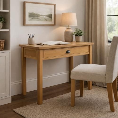 Image of Oakcroft Laptop Desk – Rustic Solid Wood Compact Writing Desk with Cup Handle – 90cm Home Office Table – Country Rustic Style