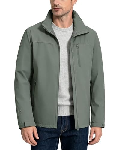 Image of Outdoor Ventures Mens Lightweight Jacket Waterproof Softshell Jackets with Velvet Lined Stand Collar Windbreaker for Hiking Running Cycling Golf Green M