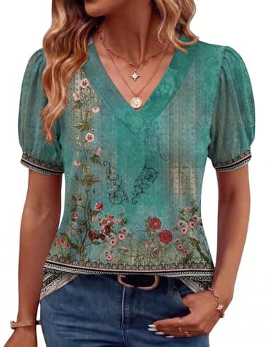 Image of Rapbin T Shirts for Women UK V Neck Casual Puff Short Sleeve Summer Tee Boho Tops Loose Pleated Tshirt Green