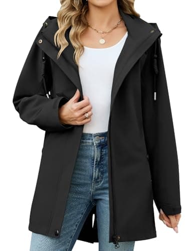 Image of CMTOP Women's Jackets Long Waterproof Jacket Windproof Parka Jacket Detachable Hood Parka Coat Lightweight Windbreaker Outdoor Coats with Pockets for Spring and Autumn(Black,L)
