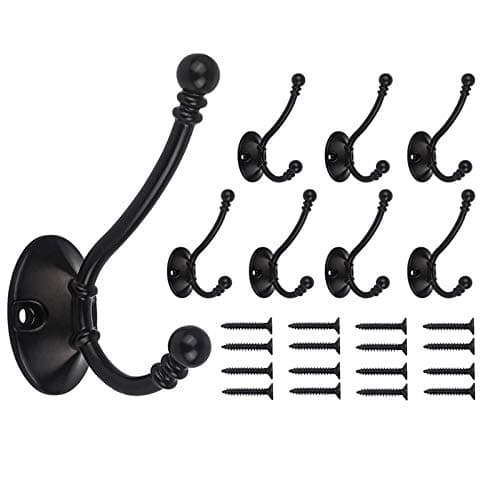 Image of Beilala Large Coat Hooks for Door - 8 Pack Antique Heavy Duty Double Prong Bedroom Bathroom Hook Wall Mounted for Clothes, Robe, Towel, Hat, Bag, Key (Black)