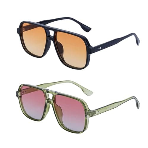 Image of TUONYIS 2 Pack Retro Square Pilot Sunglasses for Women Men,Double Bridge Rectangle Sunglasses,Oversized 80s Pilot Sun Glasses Vintage Tinted Eyewear UV400 Protection for Driving Outdoor (Black,Green)
