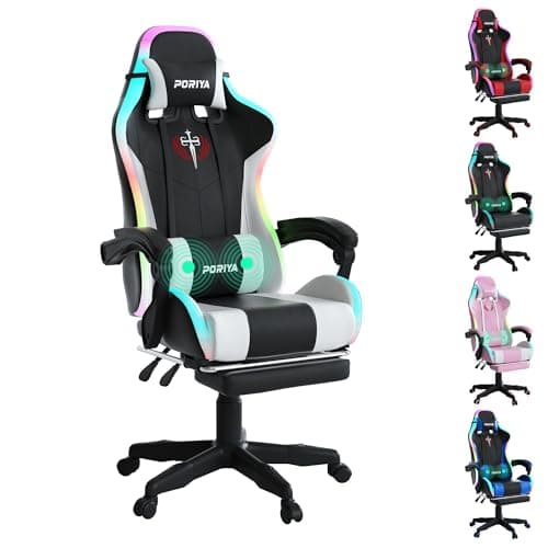 Image of PORIYA Gaming Chair with Adjustable Backrest, Ergonomic Executive Office Chair, Height Adjustable Racing Chair Maximum Gaming Experience (White Massage&LED)