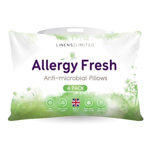 Image of Linens Limited - Soft Pillows 4 Pack, Made in the UK, Allergy Fresh, Soft and Firm with Orthopedic Support, Anti Allergy Hollowfibre, Machine Washable (White)