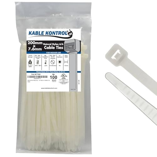 Image of Kable Kontrol Natural White Cable Ties, 200 mm x 7.6 mm, Pack of 100, 8" Premium Nylon Zip Ties, Multi-Purpose Plastic Tie Wraps, Secure Self-Locking Mechanism, for Home, Garden, Office and DIY