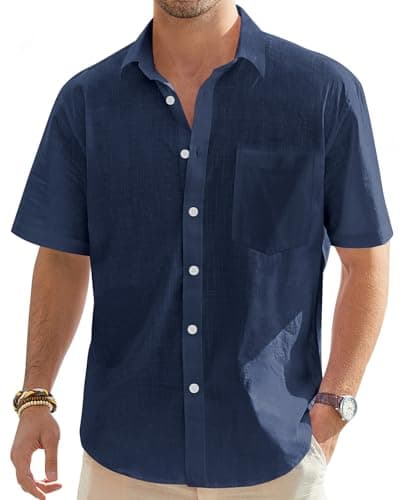 Image of J.VER Mens Linen Shirts Short Sleeve Summer Beach Casaul Lightweight Cotton Regular Fit Holiday Button Down Shirt with Pocket Navy Blue L