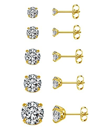 Image of JSDDE 5 Pairs Round Cubic Zirconia Stud Earrings Stainless Steel Gold Cartilage Studs Earrings for Women Men Girls Gift 3mm-8mm
