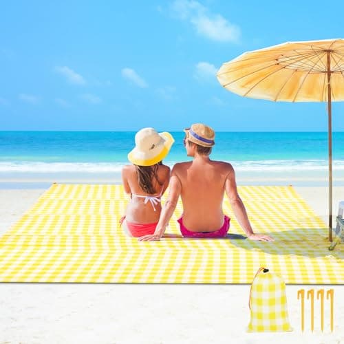 Image of Ainiv Beach Blanket Beach Mat, 140 x 200cm Sandproof Waterproof Beach Mat, Picnic Blanket, Large Picnic Blanket with 1 Storage Bag & 4 Fixed Nails for Beach, Camping, Hiking, Picnic