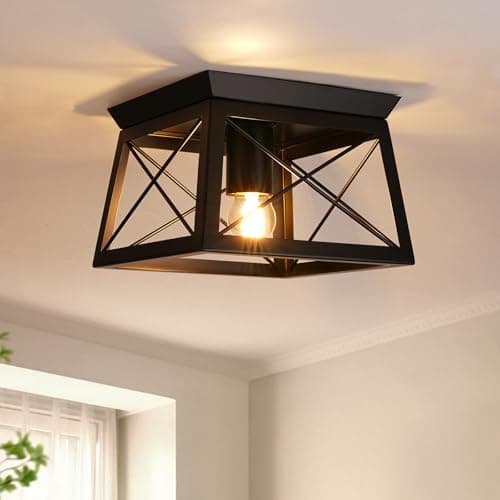Image of FORCOSO Black Ceiling Light Fixtures - E27 Industrial Flush Mount Ceiling Light 1-Light LED Square Metal Vintage Ceiling Lamp for Hallway Entryway Bedroom Living Room Kitchen - NO Bulb
