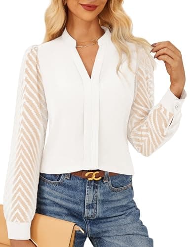 Image of GRACE KARIN Ladies Elegant Blouse Shirts Chiffon Long Sleeve Blouses Classic Henry V Neck Tops Wedding Guest Outwear White XL