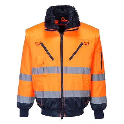 Image of Portwest PJ50 Hi-Vis 3-in-1 Pilot Jacket Waterproof Reflective Workwear Coat Detachable Sleeves Fur Liner Multi-Pocket Fleece Lining EN ISO 20471 Certified, Orange/Navy, XL