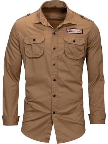 Image of FREDD MARSHALL Men's Button Down Casual Pocket Jean Shirt, Khaki, 3XL