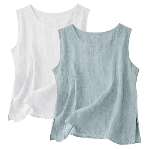 Image of 2 Pack Vest Cotton Linen Tank Tops for Women UK, Summer Sleeveless T-Shirt Crew Neck Lounge Vests Lightweight Breathable Cami Solid Color Plain Casual Tee Shirts Trendy Blouse Ladies Tank Tops