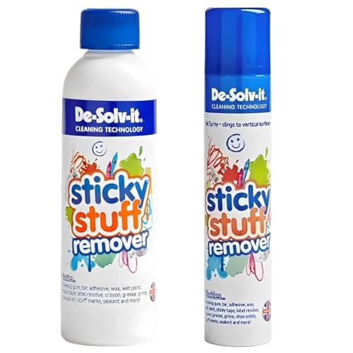 Image of De-Solv It Sticky Stuff Remover - Multi-Surface Adhesive, Gum, and Stain Cleaner, Ideal for Vertical Surfaces, Removes Tar, Tape, Grime, Wax, Crayon, and More Blue - 250 & 200ml