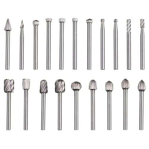 Image of HPMAISON 20pcs Head Tungsten Carbide HSS Rotary Burr Set, Wood Carving Drill Bits Set with 3mm Shank Cutter Compatible for Dremel Rotary Tools DIY Woodworking, Carving, Engraving, Drilling