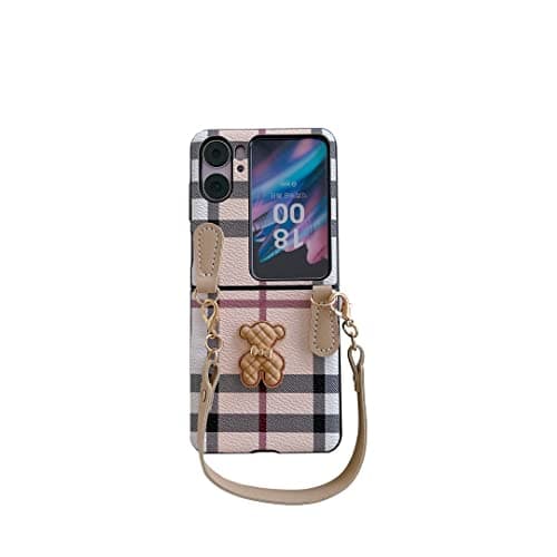 Image of Unichthy Case for OPPO Find N2 Flip Case Plaid with 3D Bear Cute Design Shockproof Protective Cover Bumper Full Protection Phone Case Cover with Leather Strap for OPPO Find N2 Flip 5G 2023