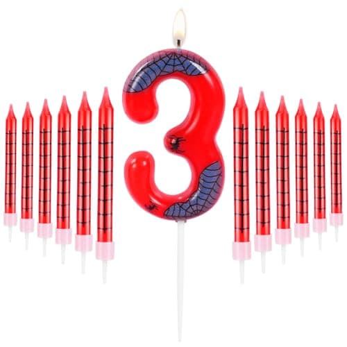 Image of URAQT Birthday Candle 3D Shape, Blue Red Candles with Spider Web, Spider Birthday Number 3 Candle Decoration,Suitable for Spider Theme Birthday Anniversary Wedding Party Graduation Party