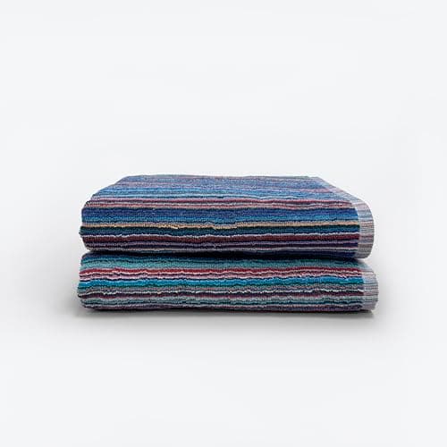 Image of Odyssey 100% Recycled Cotton Bath Towel Set - Multi Coloured Remnant Yarn Stripe, Absorbent, Quick Dry, 2 x Bath Towels 70 x 120cm, Lightweight 400GSM