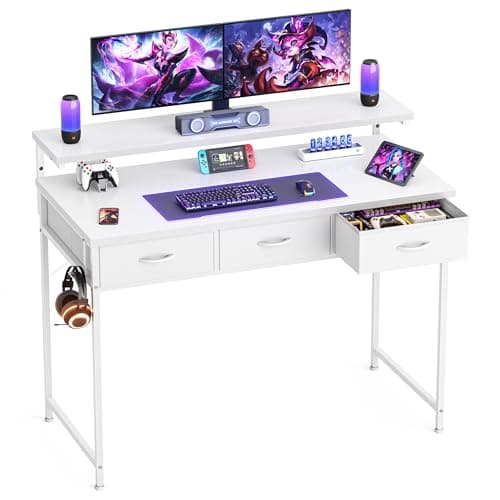 Image of HOMIDEC Gaming Desk with Adjustable Monitor Stand, Computer Office Desk with 3 Storage Drawers, Gaming Table with Headphone Hook, Carbon Fibre Surface, for Gamers, Workers and Students, White, 100cm