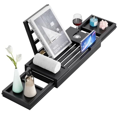Image of Yirilan Premium Bath Tray, Expandable Bathtub Tray Caddy, Bamboo Bath Shelf with iPad & Phone Holder, New Home, Anniversary and Wedding Gifts, Bridal Shower Gift for Women-Black