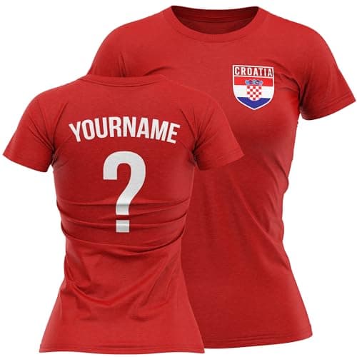 Image of Personalised Croatia Badge Womens T Shirt Name and Number Tee Croatian Football Hrvatska Nation Top, L, Red
