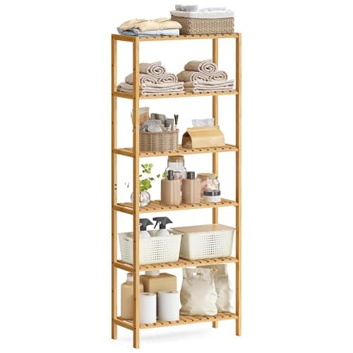 Image of SONGMICS Bamboo Storage Shelf, 6-Tier Shelving Unit, Multifunctional, in the Hallway, Bathroom, Living Room, Balcony, Kitchen, 26 x 60 x 160.9 cm, Natural Beige BCB036Y01