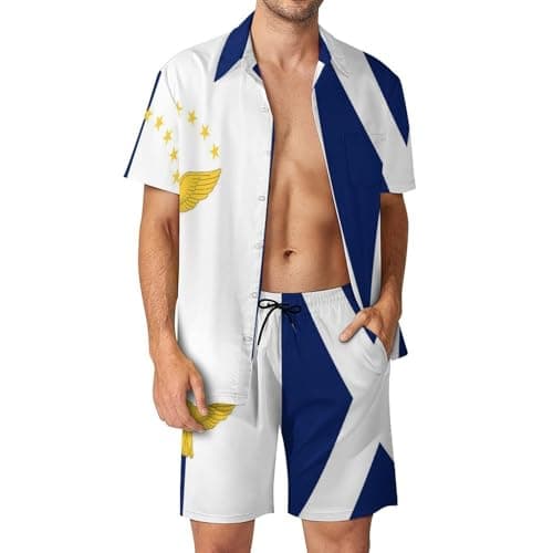 Image of Azore Scotland Flag Men's Beach Outfits 2 Pieces Hawaiian Shirt and Swim Shorts Casual Vacation Sets 3XL