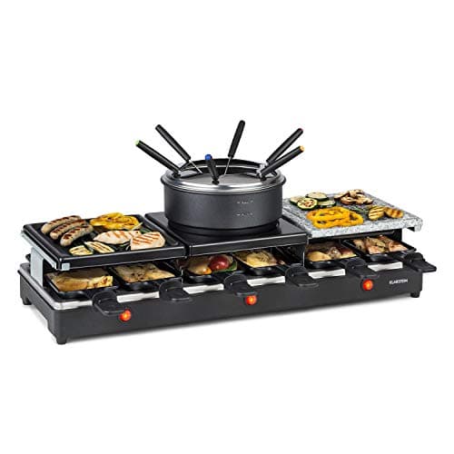 Image of Klarstein Fonduelette XL - 3-in-1 Raclette Grill & Fondue, 1650 Watts, 3-in-1 Grill: Metal/Natural Stone/Crêpe Plate, 3 Separate Stainless Steel Heating Elements, 12 people, Non-Stick, Black