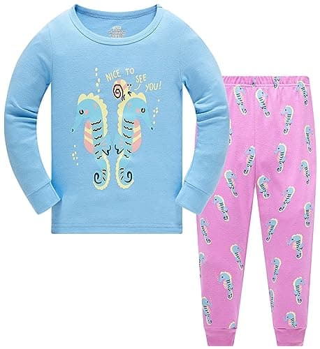 Image of TEDD Girls Pyjamas Set Cotton Toddler Clothes Christmas Sleepwear Seahorse Printed Nightwear Long Sleeve Pjs 2 Piece Outfit Xmas Gift for Kids Age 1-2 Years