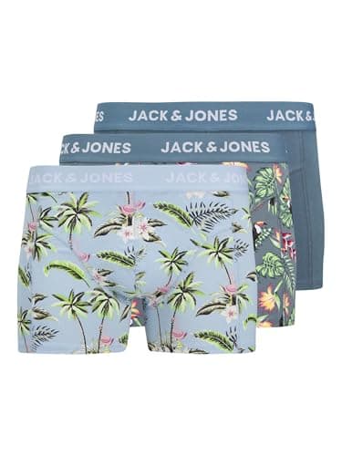 Image of JACK & JONES Men's Jacflower Bird Trunks 3 Pack Sn Boxer Shorts, Chambray Blue, L