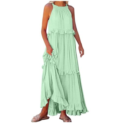 Image of Zeiayuas Maxi Dresses for Women UK Elegant Halter Neck Party Dress Sleeveless Summer Casual Long Dress Holiday Party Evening Dresses Solid Color Baggy Going Out Long Sundress Mint Green