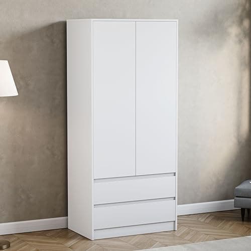 Image of Vida Designs Denver 2 Door & 2 Drawer Wardrobe | White | Bedroom Furniture | 174H x 76W x 53D cm | with Spacious Drawers & Hanging Rail | Large Capacity Storage