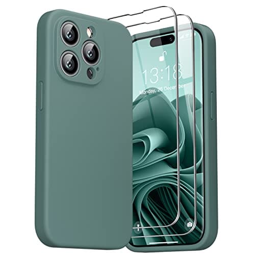 Image of GOODVISH 3 in 1 Designed for iPhone 14 Pro Silicone Case 2022, with 2 Pack Screen Protector, Full Cover [Enhanced Camera Protection] 6.1" Soft 14pro Case[Anti-Scratch Microfiber Lining], Pine Green