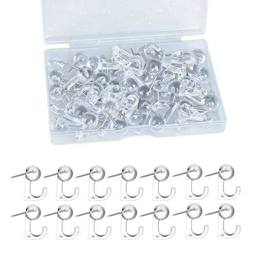 Image of 50 PCS Transparent Drawing Pins with Plastic Heads, Clear Push Pin Hooks Thumb Tacks for Cork Board, Photos, Maps, Posters and Calendar, Office School Home Supplies