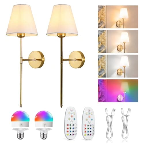 Image of ChaneeHann Gold Wall Lights, Wireless Wall Sconces Set of 2, Infinitely Dimmable with Remote, 12 Colours RGB & 3 Colour Temperatures, Timer Wall Lamps for Bedroom Bathroom Hallway