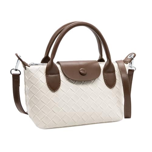 Image of Long Keeper Women's Tote Bag PU Leather Small Braided Top Handle Shoulder Bag Mini Hobo Purse Crossbody Satchel Tote Handbags With Zip for Women Ladies (White with Brown)