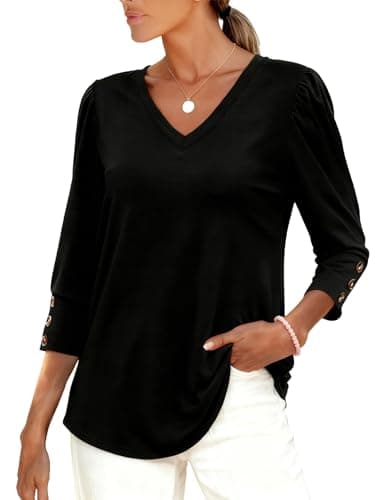 Image of Dressmine Black Blouse Women 3/4 Sleeve Tops Going Out Dressy Casual Winter Winter Fashion Outfits Basic Tee Shirts Size 18