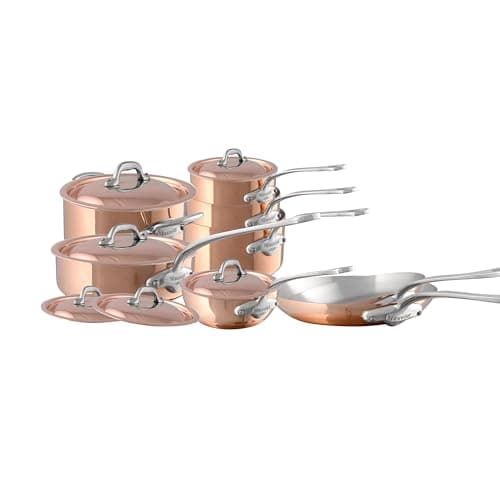Image of Mauviel M'Heritage 150 S 1.5mm Polished Copper & Stainless Steel 14-Piece Cookware Set With Cast Stainless Steel Handles And Curved Lid, Made In France