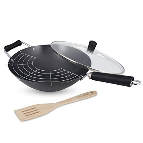 Image of Ken Hom Carbon Steel Wok Set, 31cm, Includes Non Stick Wok, Lid, Tempura Rack, Spatula, Excellence, Induction Hobs/Metal Tool Safe/Phenolic Handle, Dishwasher Safe