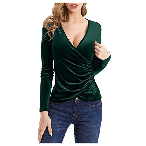 Image of Cocila Ladies Long Sleeve Tops Wrap Velvet Neck Slim Deep Fit Tops Sexy Women V Sleeve Long Women's Blouse Spandex Long Sleeve Shirt Women (Green, M)