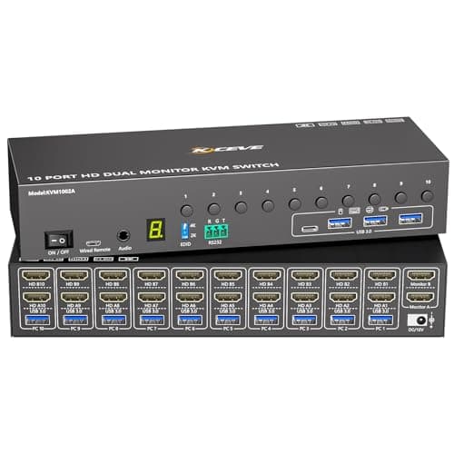 Image of 10 Port HDMI KVM Switch 2 Monitors 10 Computers 4K@60Hz EDID Simulation,Dual Monitor KVM Switch with 4 USB 3.0 Ports for Keyboard Mouse Printer,Audio RS232,with Controller,12V Power and 10 USB Cables