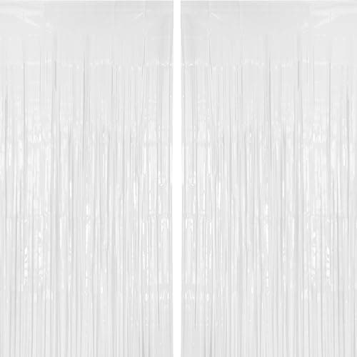 Image of PIGETALE 2PCS Pastel White Tinsel Curtain Party Backdrop, 3.2x8.2ft Macaron White Metallic Streamers Foil Fringe Curtains for Birthday Christmas Halloween Princess Frozen Snow Holiday Party Decoration