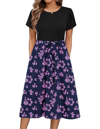 Image of Zeagoo Women's Summer Dress Crewneck A Line Short Sleeve Print Midi Dresses Ladies Casual Floral Dress with Belt Purple A XXL
