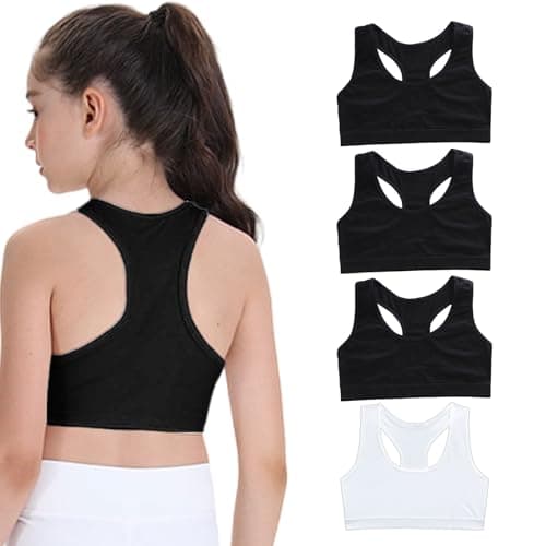 Image of FUIPVGI 4 Pack Girls Bra, Crop Tops Bra for Girls, Soft Comfortable Cotton Girl Sports Bras Kids Underwear Non Padded Training Bras Girl Kids Teens 9-14 Years (3Black,1White)