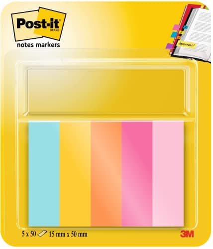 Image of Post-it Brand Post-it Notes Markers, Beachside Colour Collection, 15 mm x 50 mm, 50 Sheets/Pad, 5 Pads/Pack, Multicolor