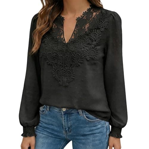 Image of Supcomsta Womens Lace V Neck Long Sleeve Tops Elegant Eyelet Crochet Blouses Casual Loose Fit Pleated Lantern Sleeve Blouse (UK, Alpha, M, Regular, Regular, Black)