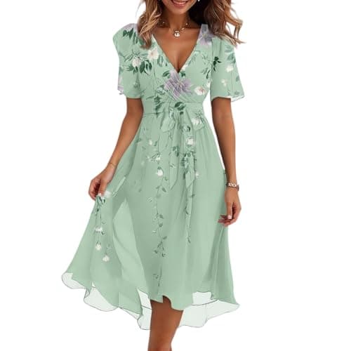 Image of Women’s V Neck Short Sleeve Midi Dress with Floral Print Lightweight Flowing Fabric for Casual and Daily Wear Mint Green M