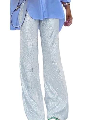 Image of Fiacafyo Women Sequin Flared Trousers Sparkly Glitter High Waisted Wide Leg Pants Shiny Bling Bell Bottom Party Clubwear (A-Silver, M)