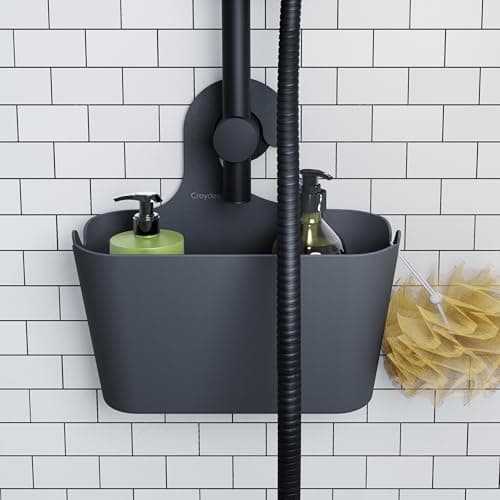 Image of Croydex Grey Shower Caddy Hanging Storage - Bathroom Accessories for Renters, No Drill Solution, Self-Draining Holes and Easy to Clean - 26 x 26 x 8.5 cm